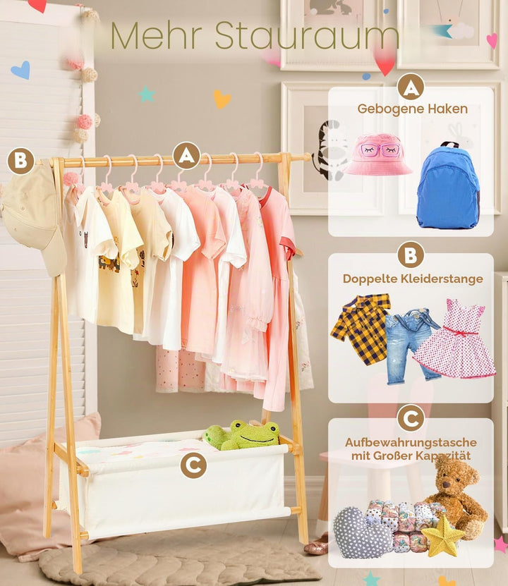 Bambus Kinder Kleiderständer mit Aufbewahrungstasche und Kleiderstange, Dress-up-Ständer, kleiner Ga