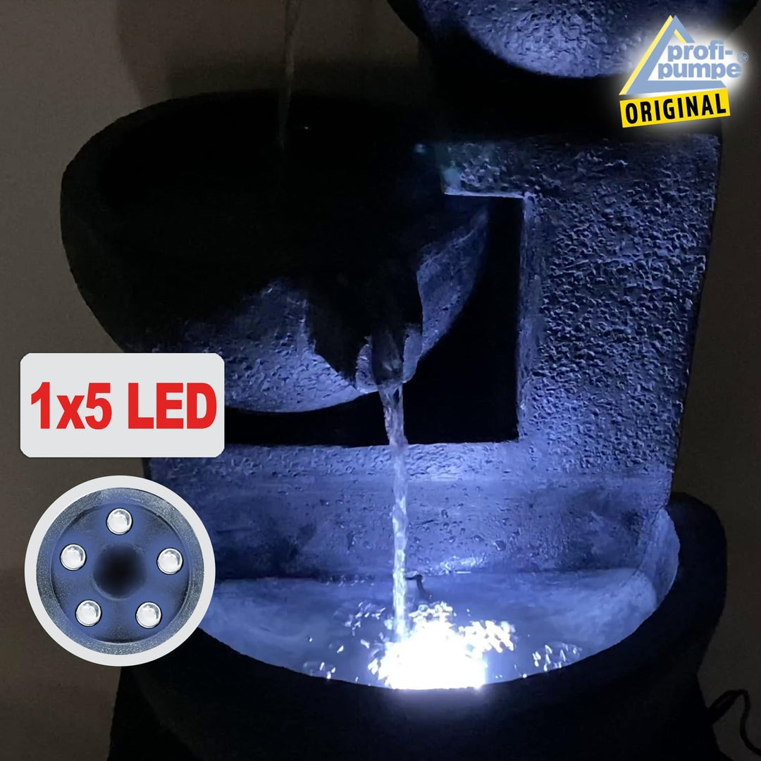 Gartenbrunnen Solarbrunnen Brunnen GRANITSCHALEN-Kaskade mit LED-Licht und Li-Ion-Akku, Vogelbad Was