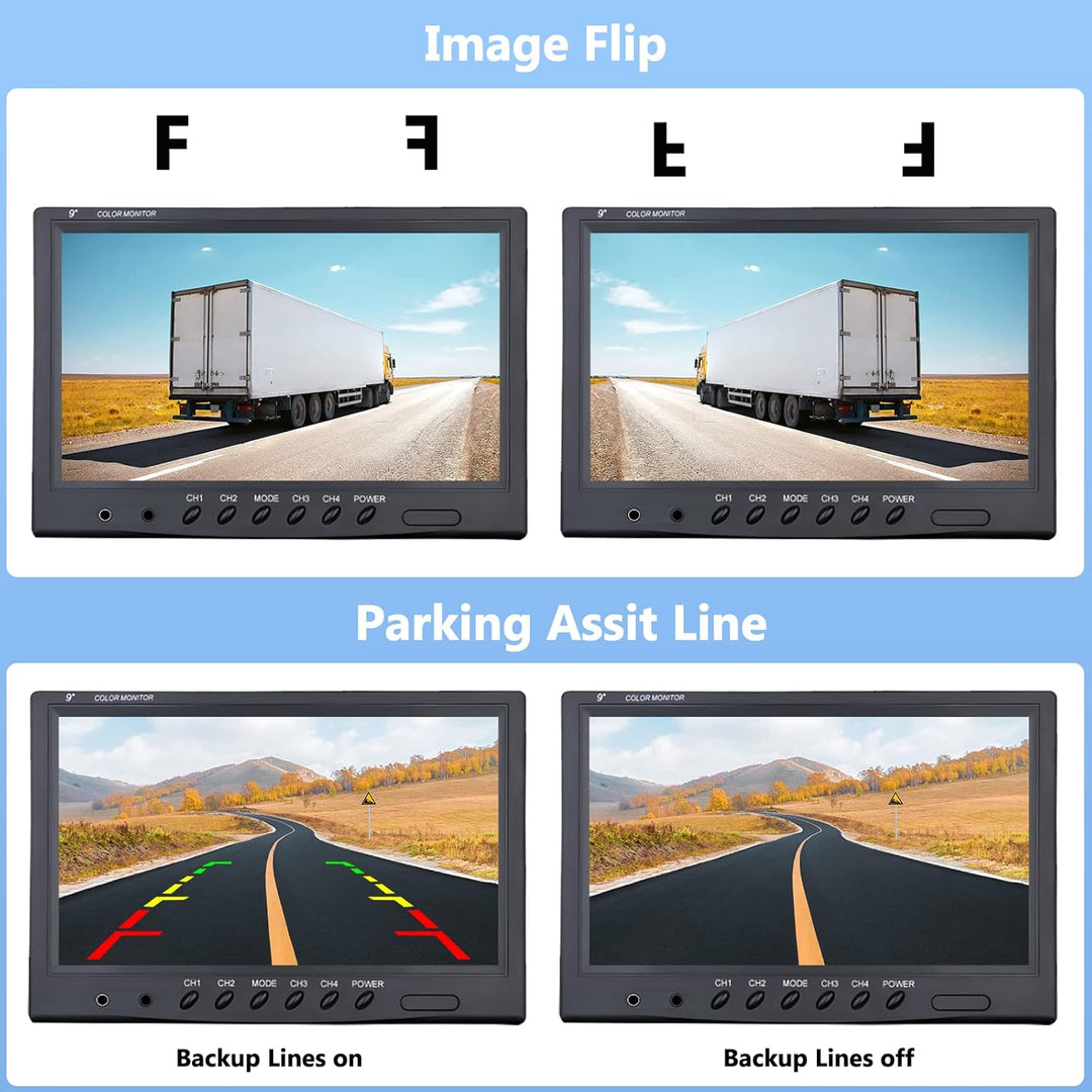 CAMECHO Rückfahrkamera 4 Kameras Set, 9 Zoll Monitor 4 Geteilte Rück und Vorder Kamera, Weitwinkel,