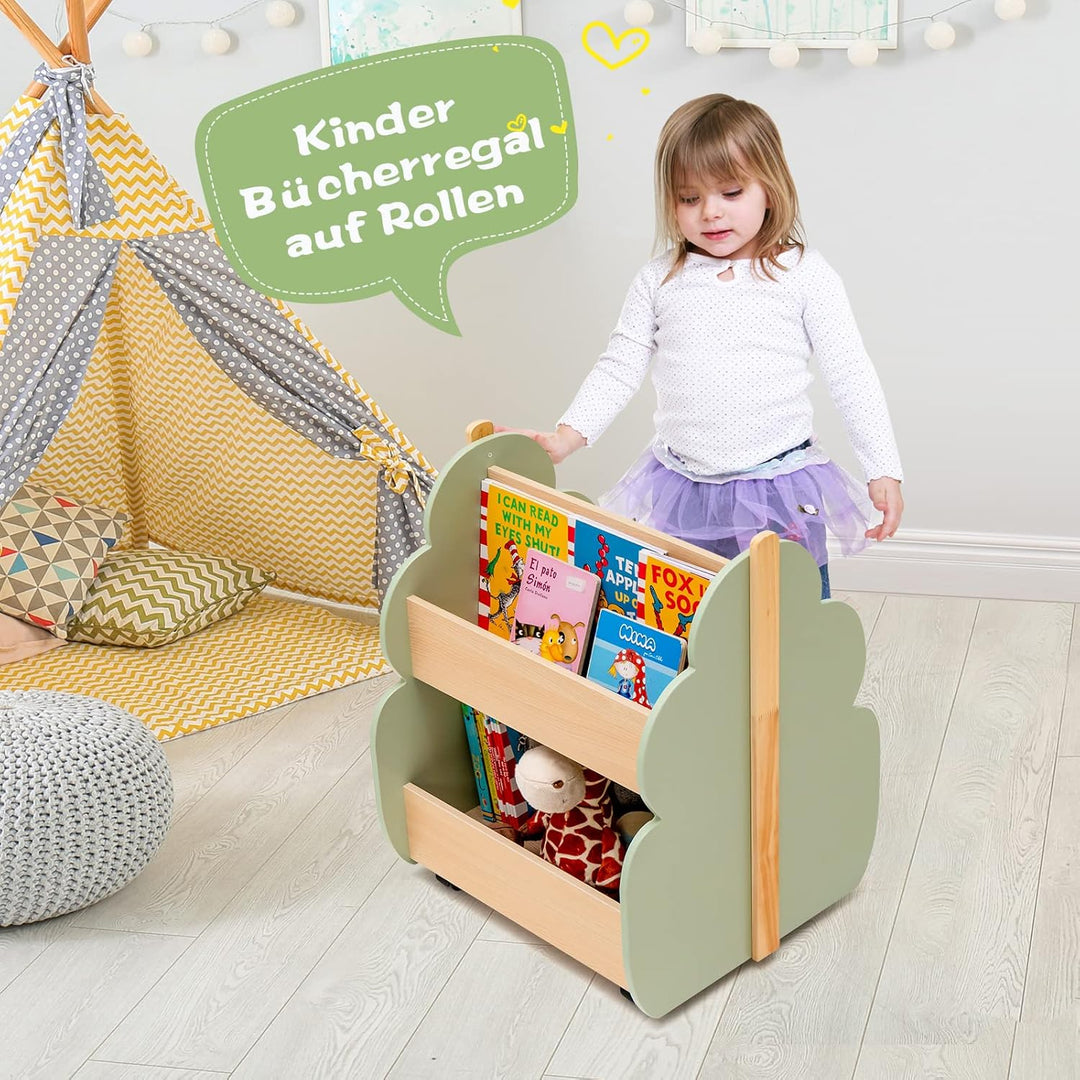 COSTWAY Kinder Bücherregal auf Rollen, 2 Ebenen Spielzeugregal aus Holz, 52 x 46 x 62,5 cm (Grün), G