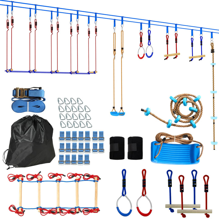 AIYAPLAY Ninja Line Kinder 24 m Slackline Set mit Turnringe 7 Hindernissen Kletterstange Ninja Warri