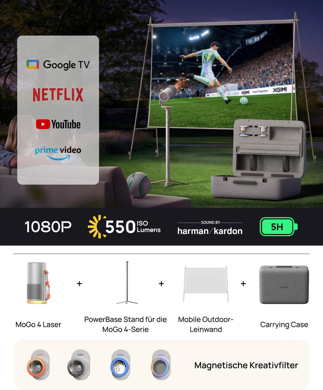 XGIMI MoGo 4 Laser Outdoor Beamer Set – 550 ISO-Lumen, Google TV & Netflix, integrierter Akku + Powe