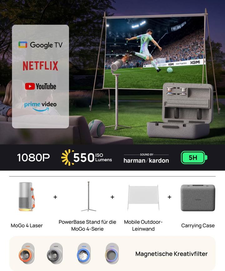 XGIMI MoGo 4 Laser Outdoor Beamer Set – 550 ISO-Lumen, Google TV & Netflix, integrierter Akku + Powe