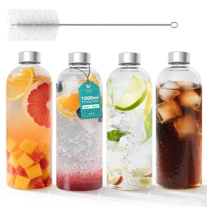 ACXIN 4er Set Glas Trinkflaschen 1000ml aus Borosilikatglas Wasserflaschen mit Edelstahldeckel &amp; Rei