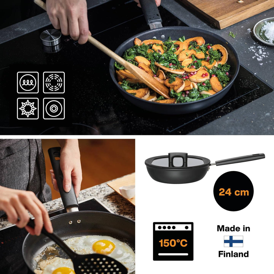 Fiskars Sautierpfanne mit Deckel, Ø 24 cm, Füllmenge: 2,2 Liter, Für alle Kochfelder geeignet, Alumi