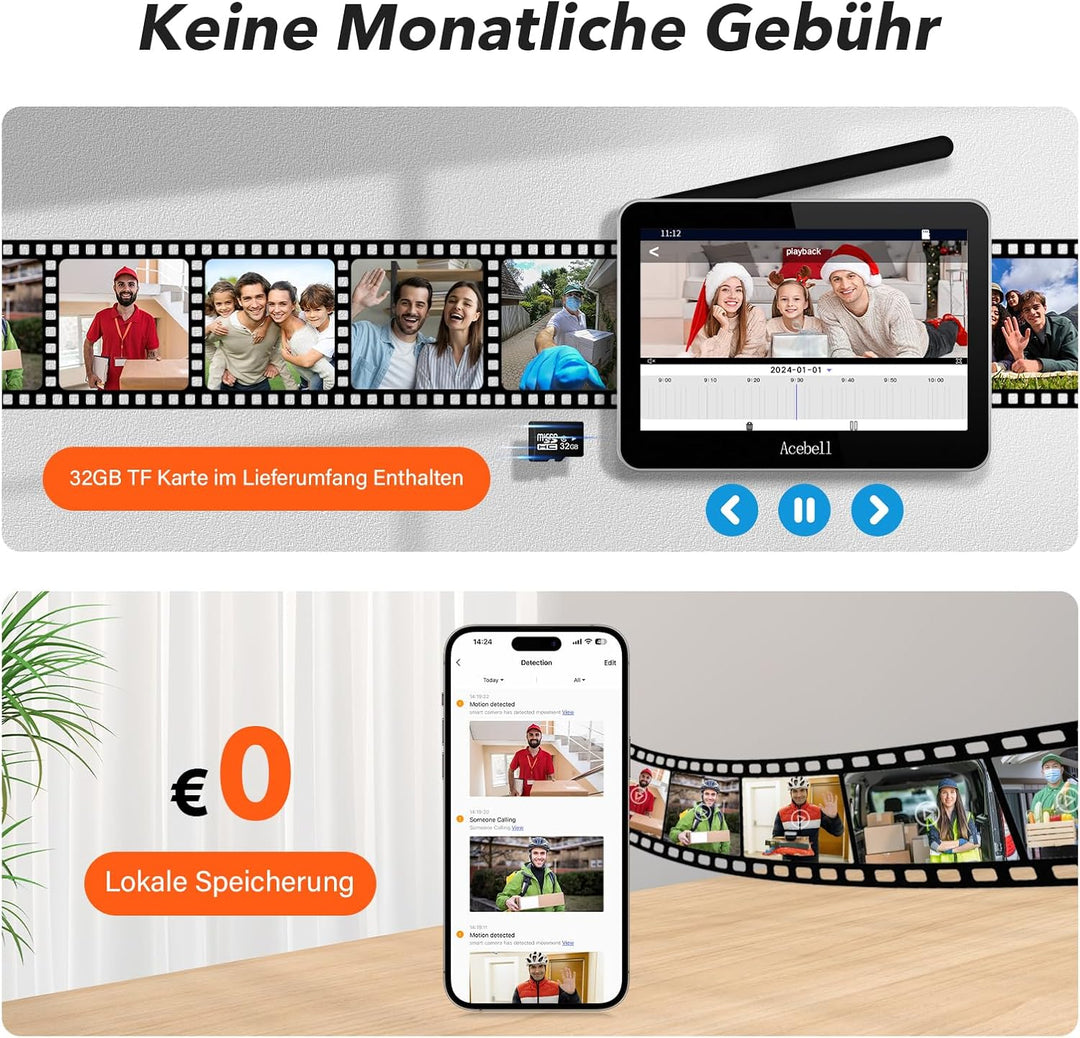 WLAN Video Türsprechanlage mit 7''Touchscreen, 1080P Kabellose Türklingel mit Kamera und Monitor,Bew