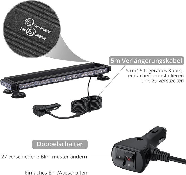 Justech 84 LED Auto Warnbalken Notblitzleuchte Magnetische Warnlicht Doppelschalter 12/24V 27 Blinkm