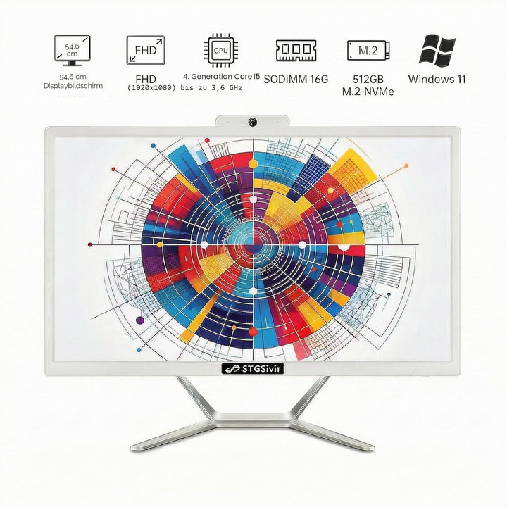 STGsivir All-in-One Desktop-PC, Display 21,5 Zoll, Core i5 bis 3,6 GHz, 16 GB RAM, 512 GB SSD, WiFi
