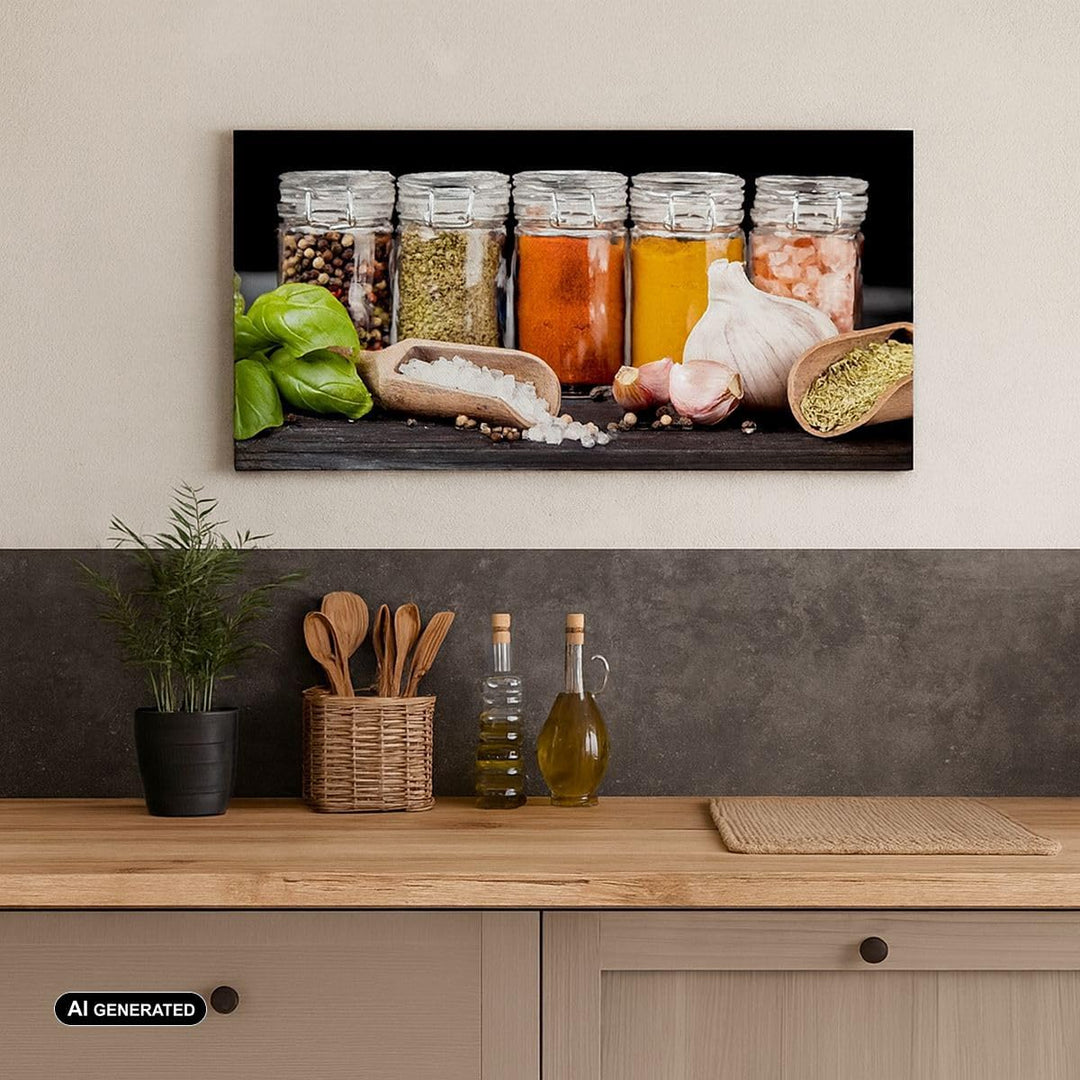 Wandbilder Dekoration Wohnzimmer Gewürze Knoblauch Holz Salz Panorama Bilder auf Leinwand 120x50cm L