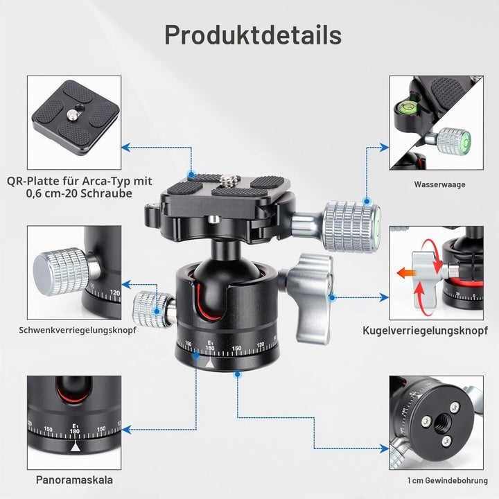 Koolehaoda Low Profile Kugelkopf,Panorama Stativkopf 360° drehbar mit 1/4" Schraube Schnellwechselpl