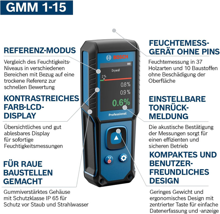 Bosch Professional Feuchtemessgerät GMM 1-15 (nicht-invasiv, misst 37 Holzarten und 10 Baustoffe, Sc