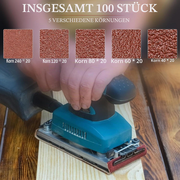BIGP Schleifpapier Klett Set 100 Stück, 93 x 185 mm mit 8 Löchern für Staubabsaugung, Körnung 40 60