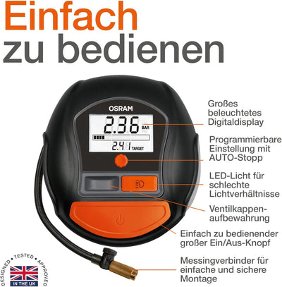 OSRAM TYREinflate RAPID, digitaler 12V Luftkompressor, tragbarer Kompressor, Auto-Stopp, LED Licht,