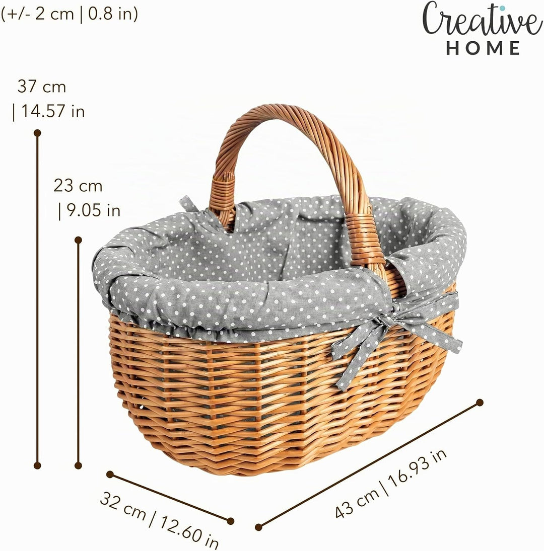 Creative Home Grosser Picknickkorb mit Stoffeinlage Grau mit Pünktchen Weidenkorb mit Henkel | Einka