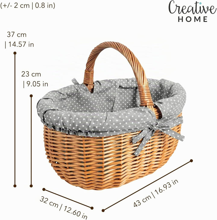 Creative Home Grosser Picknickkorb mit Stoffeinlage Grau mit Pünktchen Weidenkorb mit Henkel | Einka