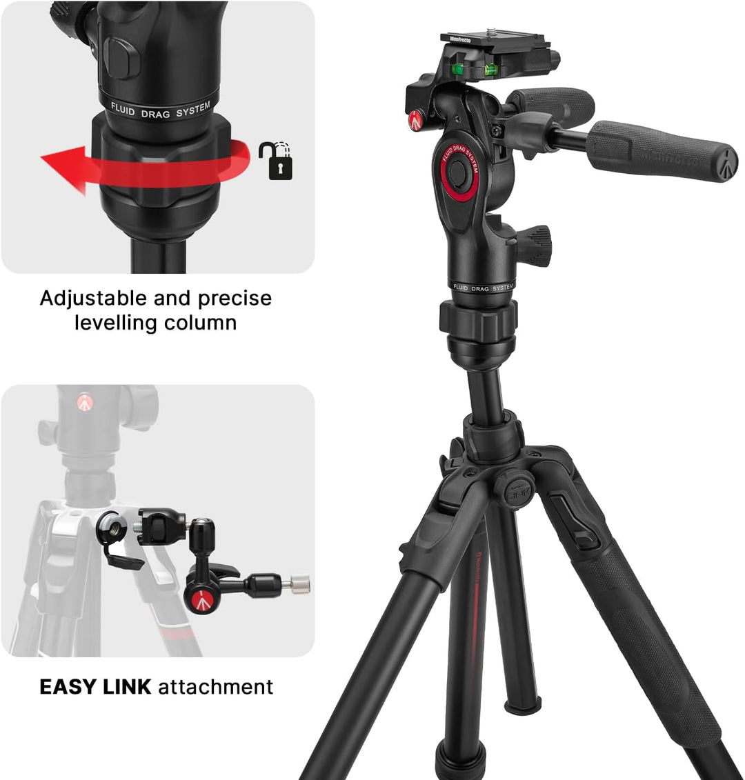 Manfrotto Befree GT PRO 3-Way, Professional Travel Tripod Kit, 3-Way Fluid Head, Levelling Column, P