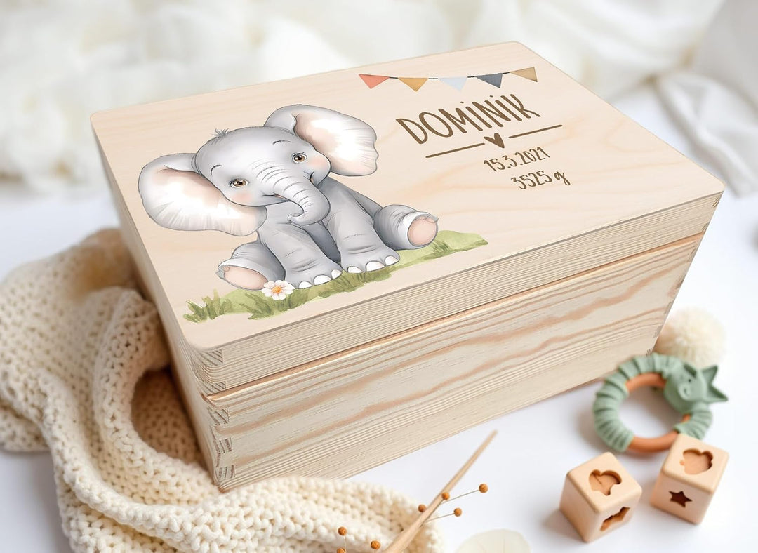 Little Deco Personalisierte Baby Erinnerungsbox mit Elefant | L - 40 x 30 x 22 cm - Design 3 | Erinn