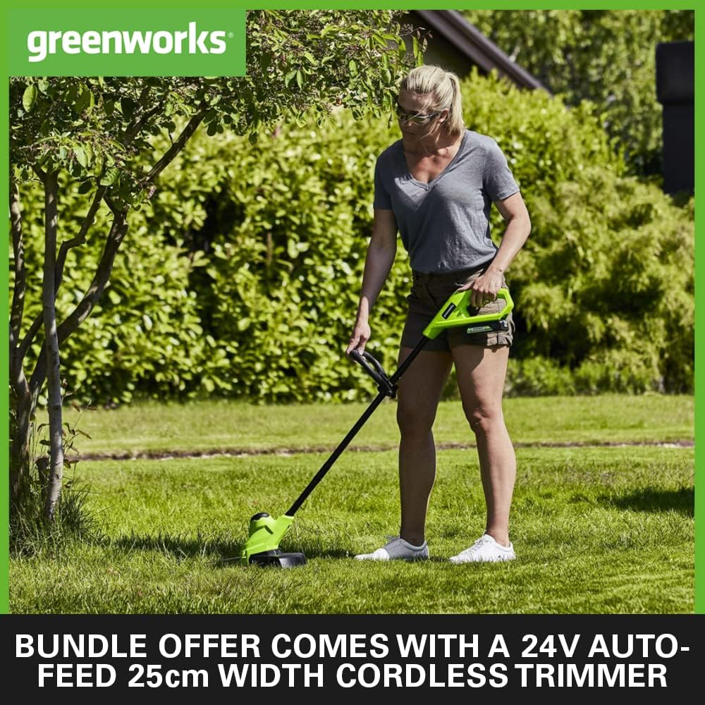 Greenworks Elektro-Rasenmäher 24V 33cm 30L Grasfangbox und Kabelloser Rasentrimmer 25cm automatische