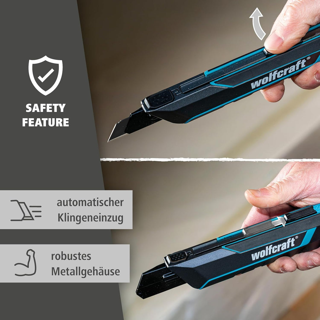 wolfcraft Cuttermesser PRO SAFETY, 25 mm - mit optimale Ergonomie für Links- und Rechtshänder - Extr