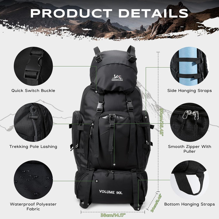 Wanderrucksack Herren Damen 90L Trekkingrucksack Reiserucksack Grosser Wasserdicht Wandern Rucksack