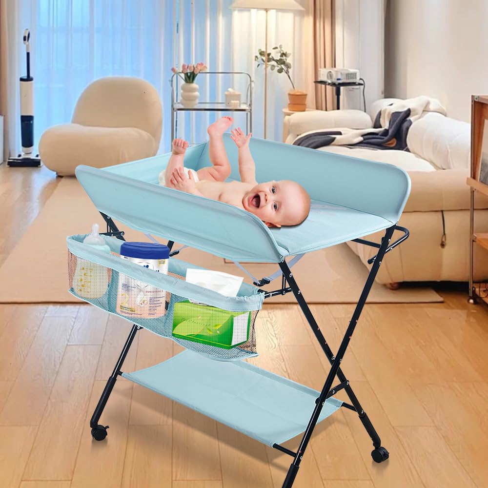 Baby Wickelkombi - klappbare Wickelkommode, mobiler Wickeltisch mit Wickelauflage, Sicherheitsgurt u