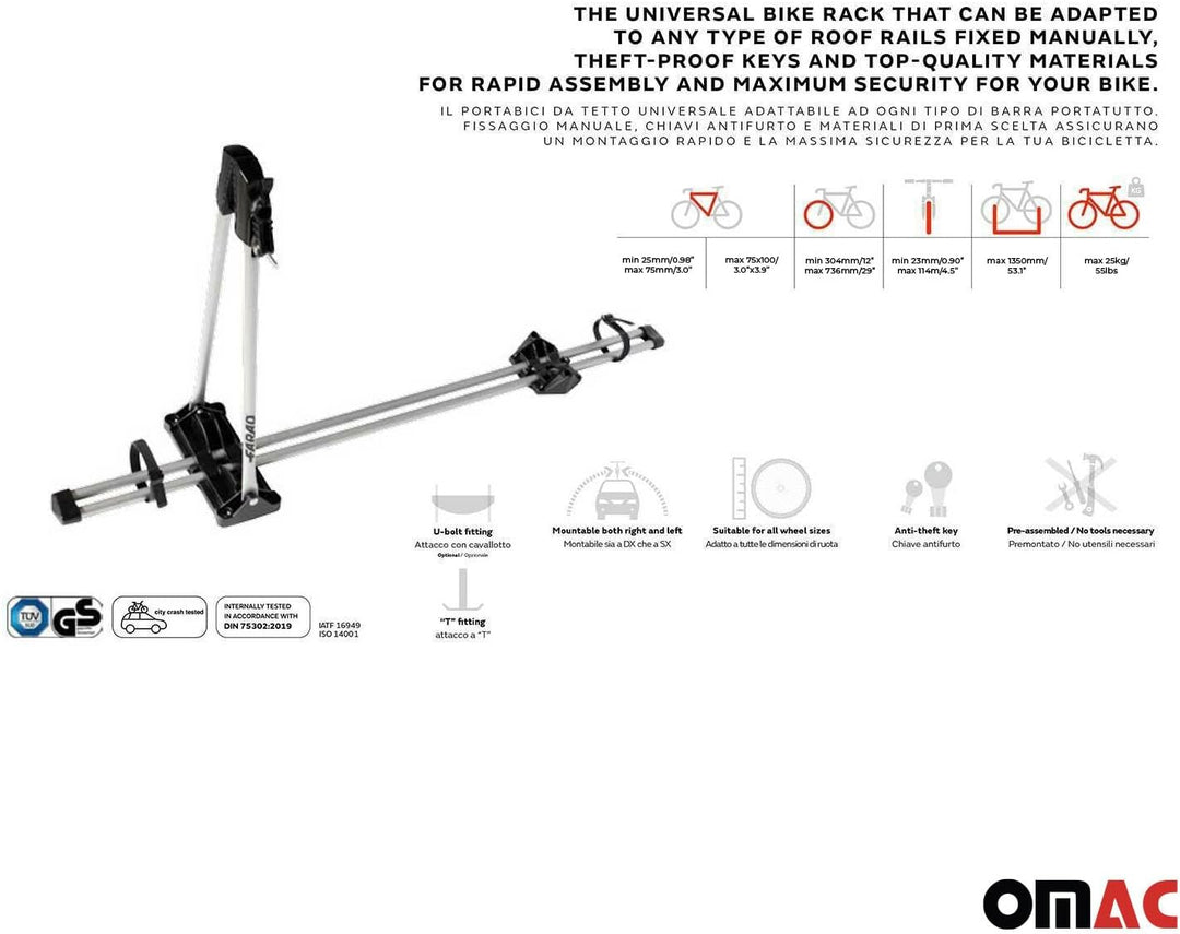 OMAC Fahrradträger M-Style Dachfahrradträger kompatibel mit Fahrräder bis 25 kg TÜV Stahl