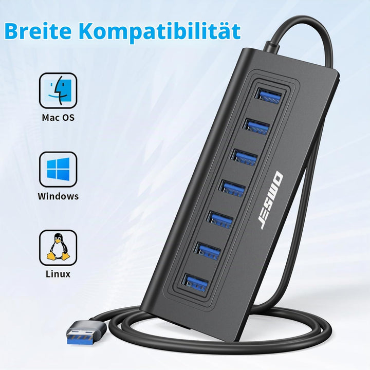 USB HUB mit Netzteil, JESWO 7-Port USB 3.0 Hub, Aluminium USB Verteiler Datenhub mit 100cm Kabel, US