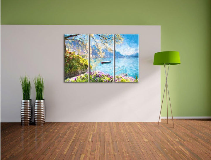 Pixxprint Genfer See im Sonnenschein Kunst Pinsel Effekt 3-Teiler Leinwandbild 120x80 Bild auf Leinw