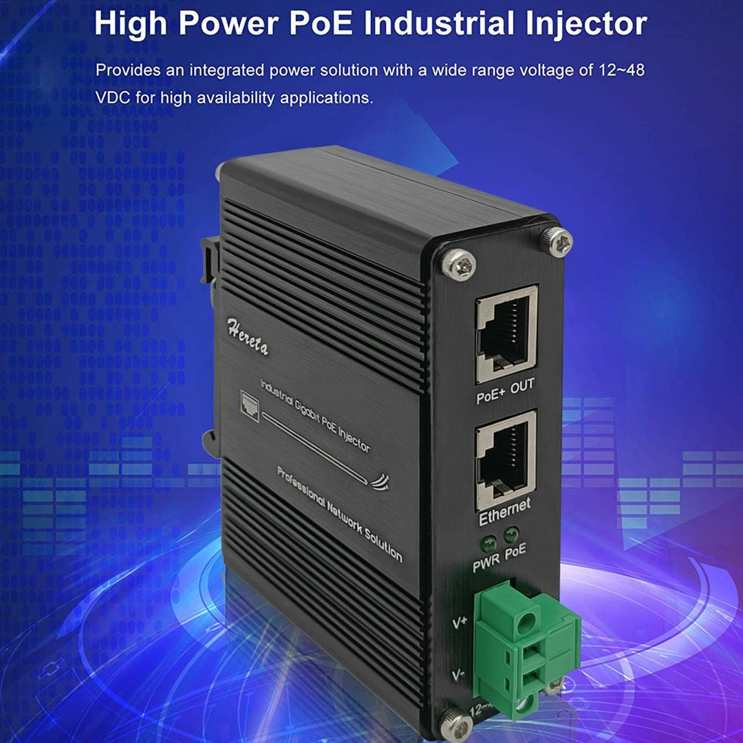 Gehärteter industrieller Gigabit PoE+ Injektor 12–48 V DC Eingang mit DIN-Schiene und Wandhalterung,