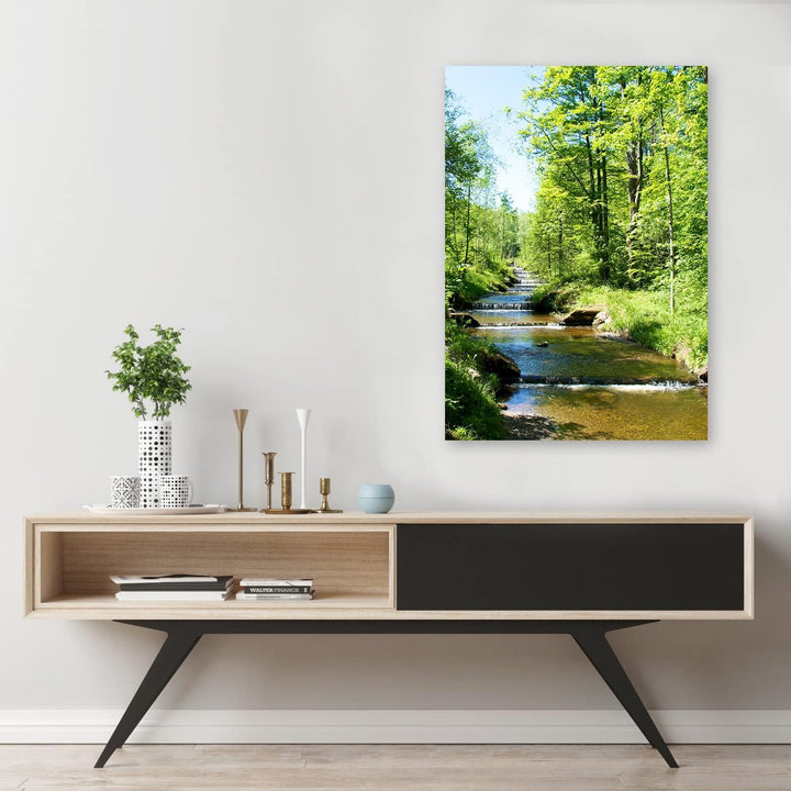 Feeby Vlies Leinwandbild XXL Landschaft Strom Sonniger Tag Kaskade 80x120 cm Wandbild Kunst Bilder S