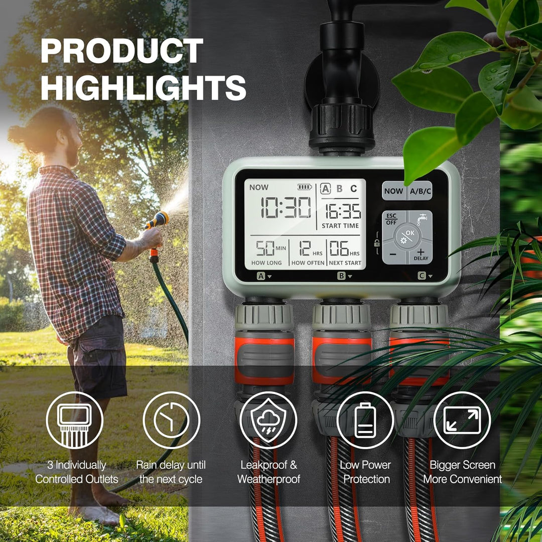 Kazeila Water Timer Bewässerungscomputer 3 Anschlüsse,3 Separate Programme,Bewässerungsuhr Digital P