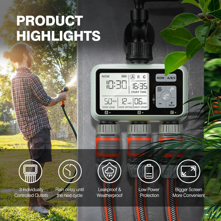 Kazeila Water Timer Bewässerungscomputer 3 Anschlüsse,3 Separate Programme,Bewässerungsuhr Digital P