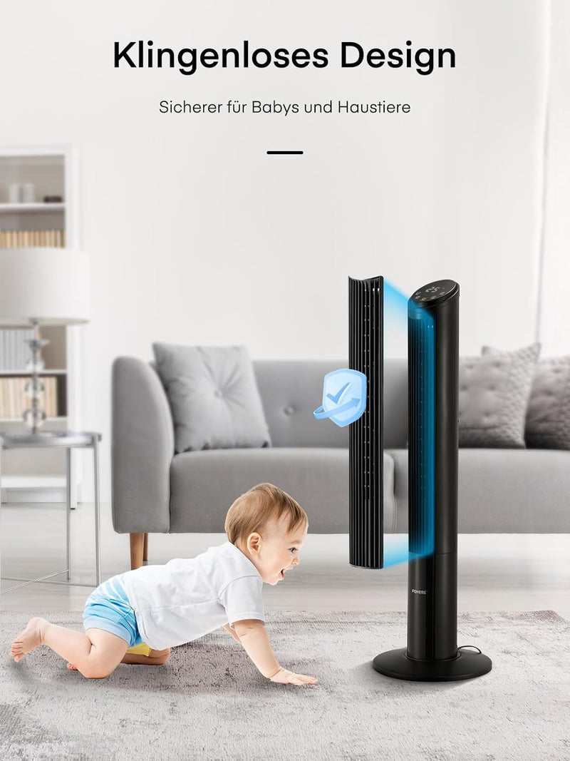 FOHERE Turmventilator Sehr Leise mit Fernbedienung für Zuhause, 102cm Oszillierender Leiser Gleichst