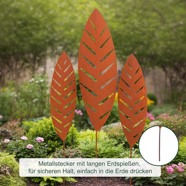 Relaxdays Gartenstecker Palmblatt, 3er Set, Rost, Metall, H: 50–100 cm, Gartendeko, Metallstecker fü