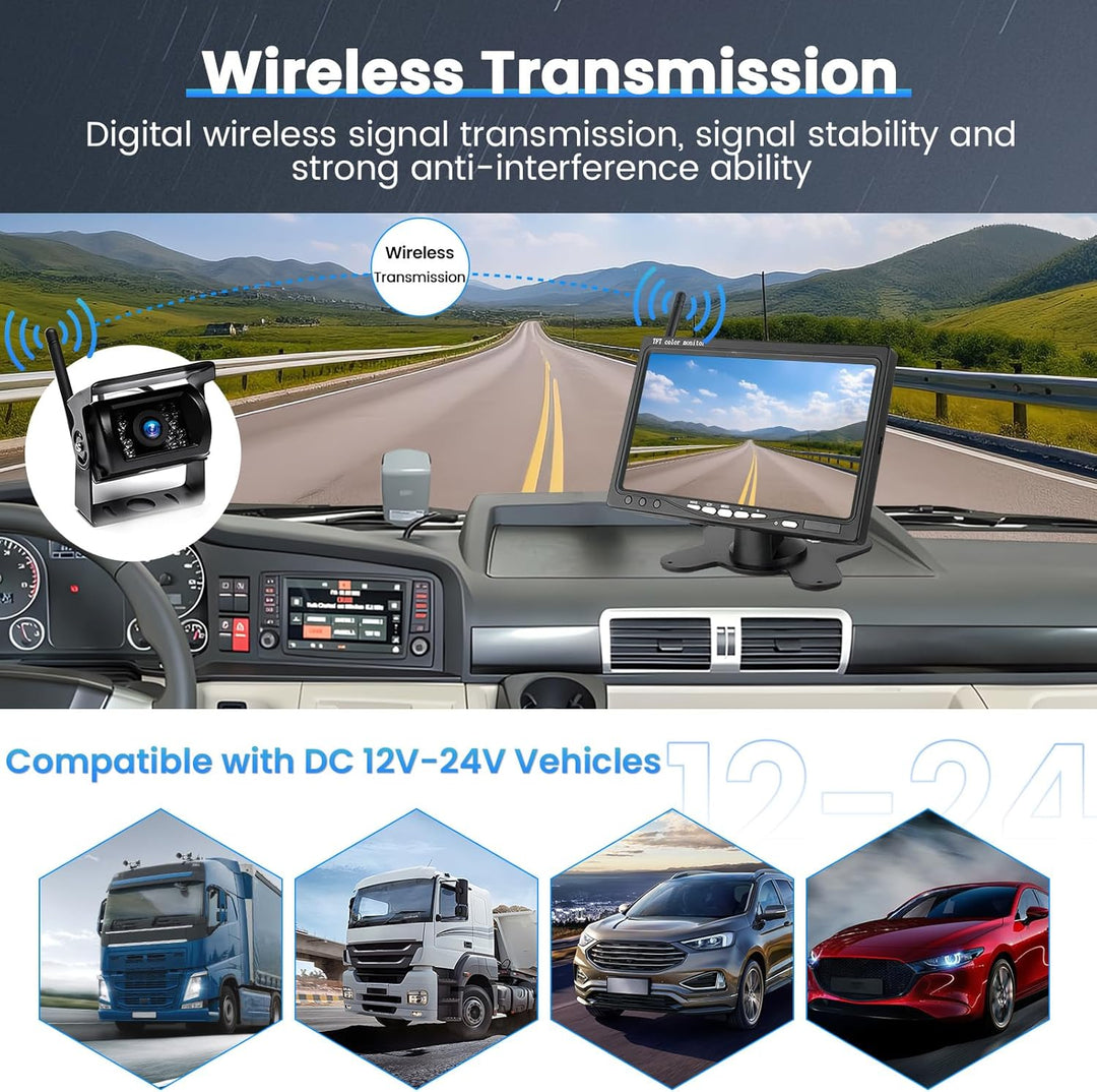 Kabelloses Rückfahrkameraset mit 7-Zoll-Bildschirm und 2 Wireless Rückfahrkameras, Nachtsicht, BSD,