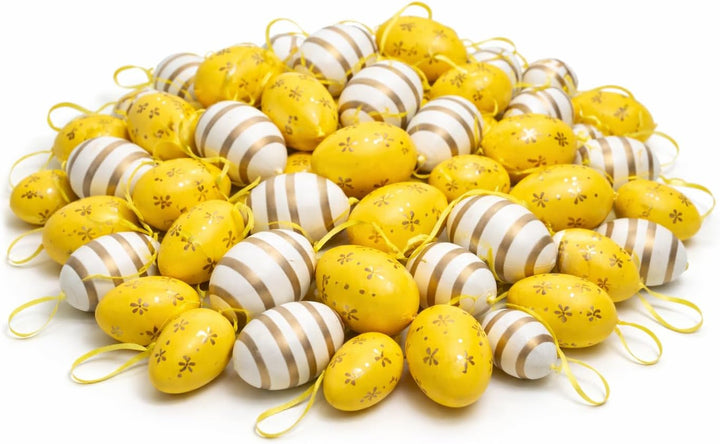 KAMACA 48er Set Ostereier Gelb-Gold – Edles Design mit Streifen & Blumen – Mix aus 24x 6 cm & 24x 4