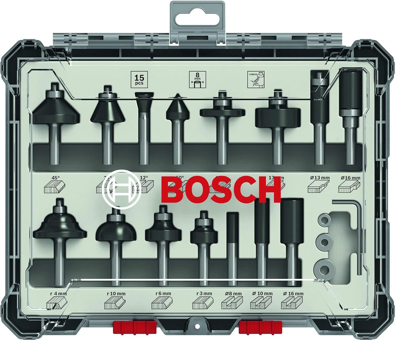 Bosch Accessories 15tlg. Fräser Set (für Holz, Zubehör für Oberfräsen mit 8 mm Schaft) Fräser Set 15