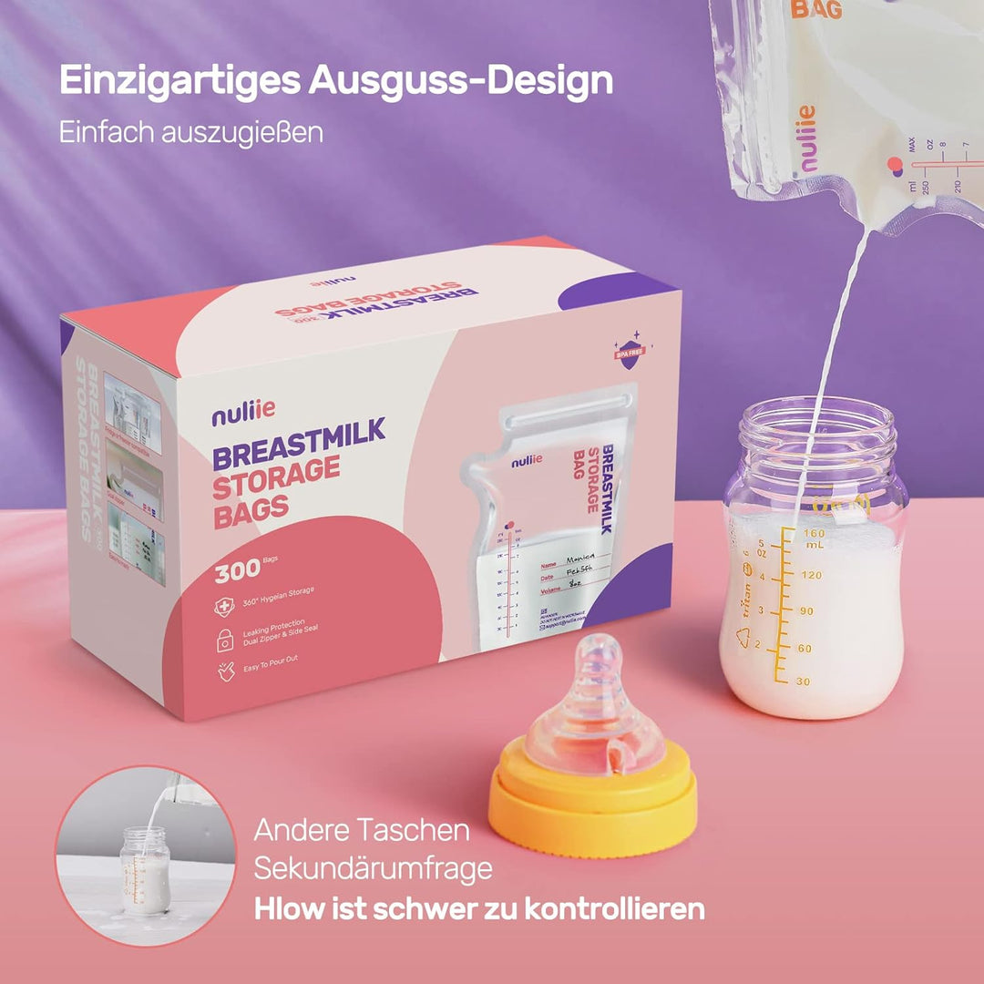 Nuliie 300 Stück Muttermilchbeutel, BPA-frei Muttermilch Aufbewahrung bag, Muttermilchbeutel mit Aus