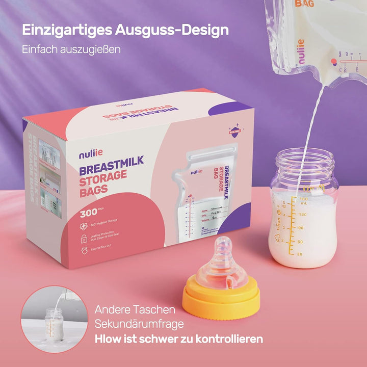 Nuliie 300 Stück Muttermilchbeutel, BPA-frei Muttermilch Aufbewahrung bag, Muttermilchbeutel mit Aus