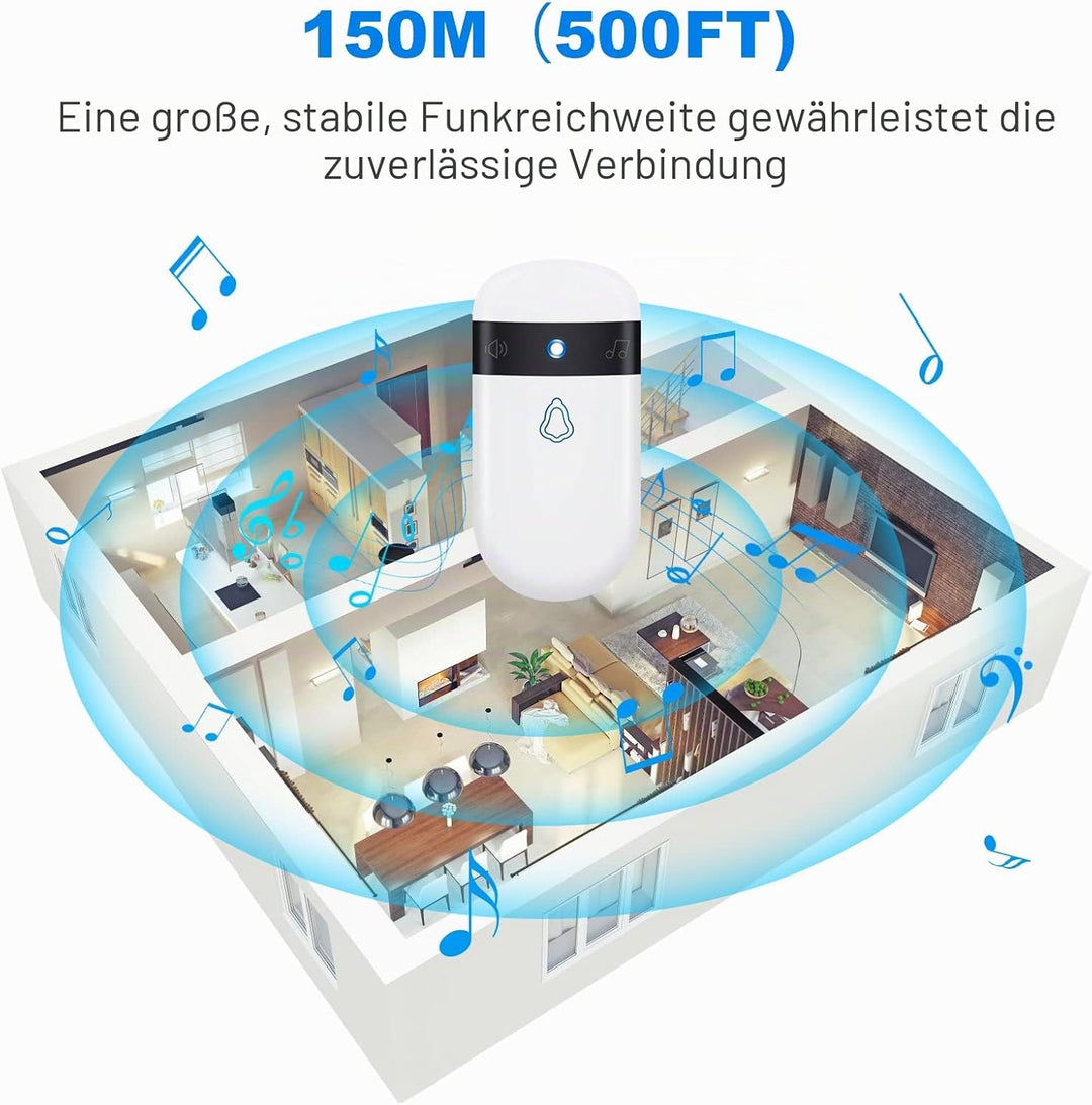 Funkklingel Selbstversorgend ohne Batterie, 350m Reichweite, IP55 Wasserdicht, Türklingel Funk mit 5