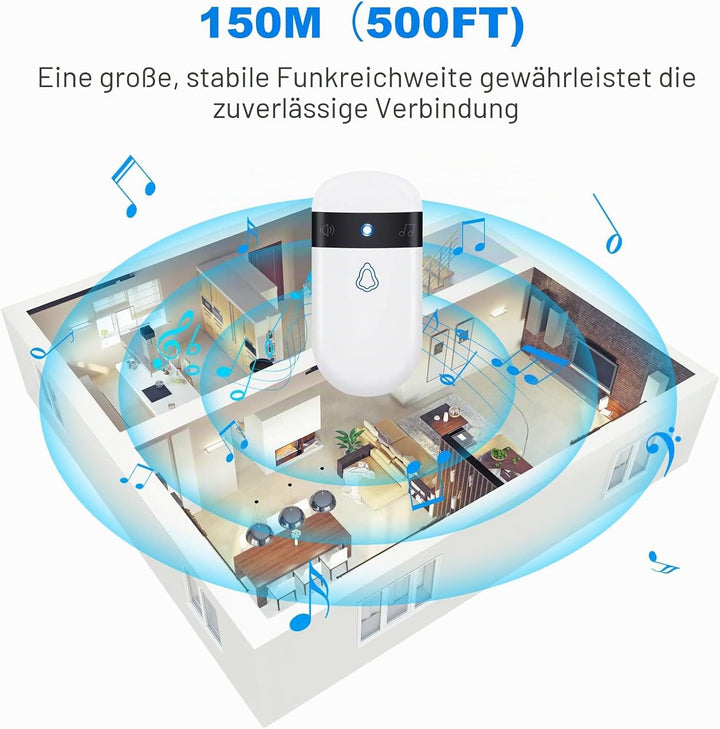 Funkklingel Selbstversorgend ohne Batterie, 350m Reichweite, IP55 Wasserdicht, Türklingel Funk mit 5