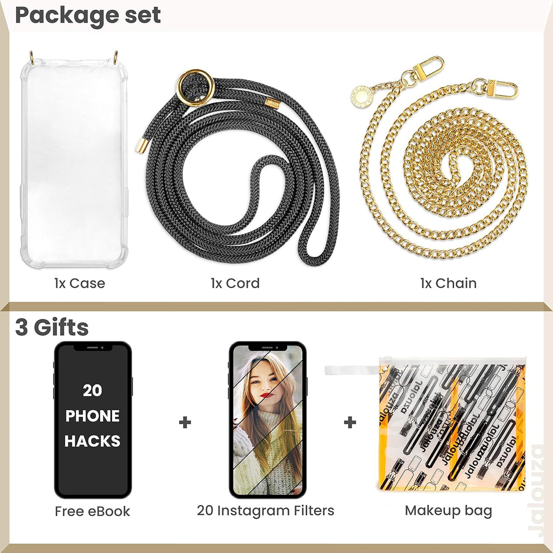 Jalouza Handykette, Kordel & Hülle Bundle kompatibel mit iPhone 12 & 12 Pro - Gliederkette in Gold u