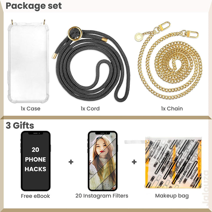 Jalouza Handykette, Kordel & Hülle Bundle kompatibel mit iPhone 12 & 12 Pro - Gliederkette in Gold u