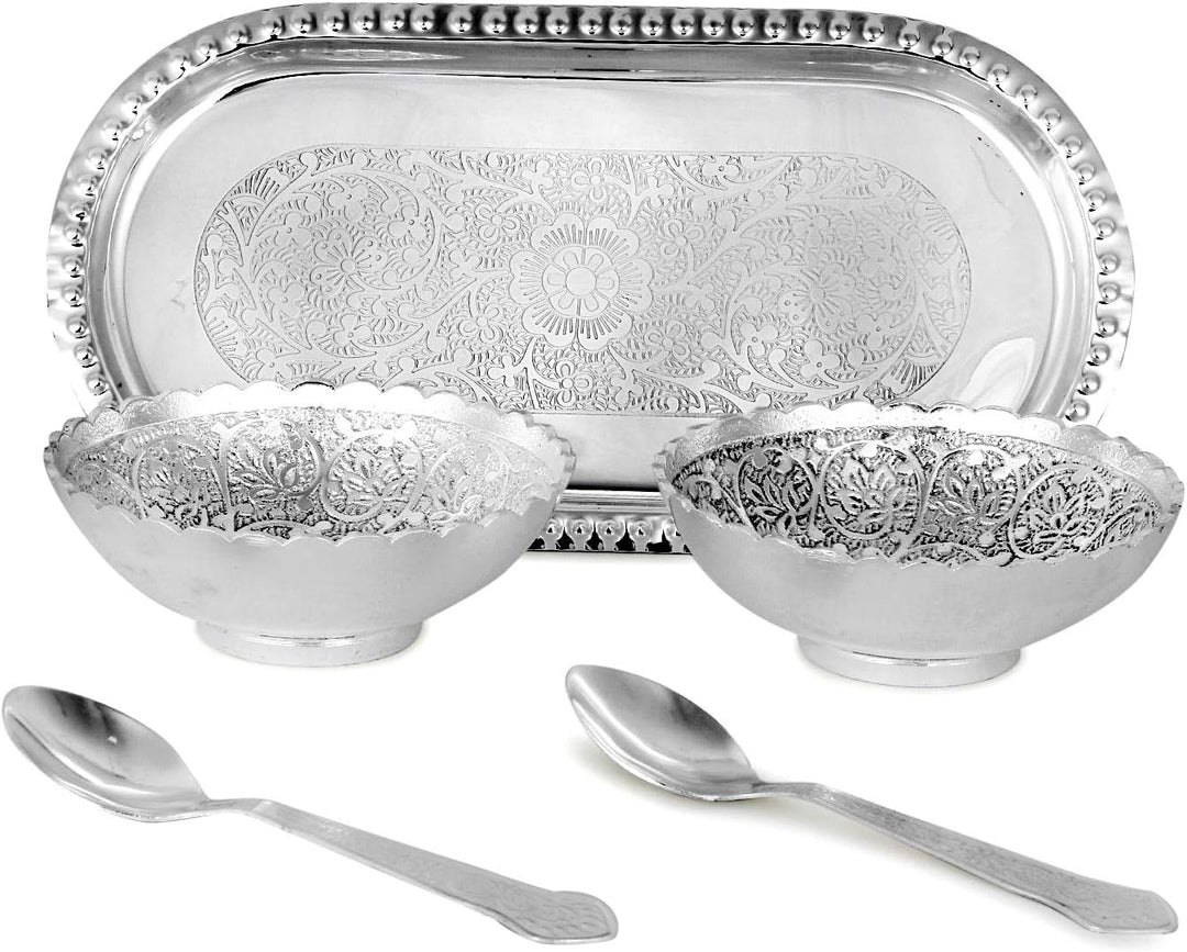 Zap Impex Graviertes Silberfarbenes Messing Schalen- und Löffel-Set mit Tablett, 5-teilig