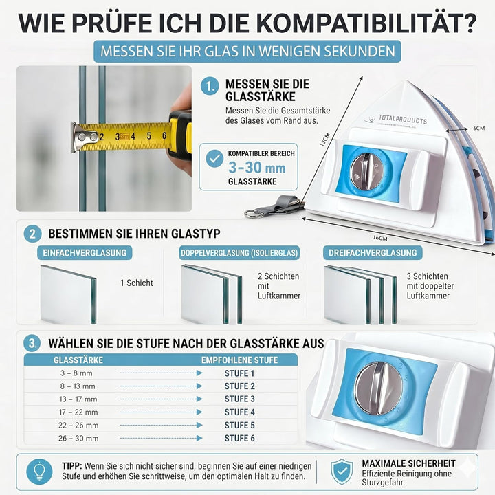 Magnetischer Fensterreiniger Verstellbar 3–30 mm – Doppelglas & Einzelfenster – Mit Sicherheitsseil,