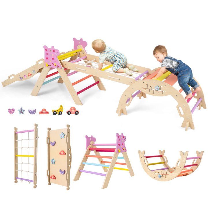 COSTWAY Klettergerüst Indoor 4er Set, klappabres Kletterdreieck mit Rutsche, Kletterbogen, Netz, ink