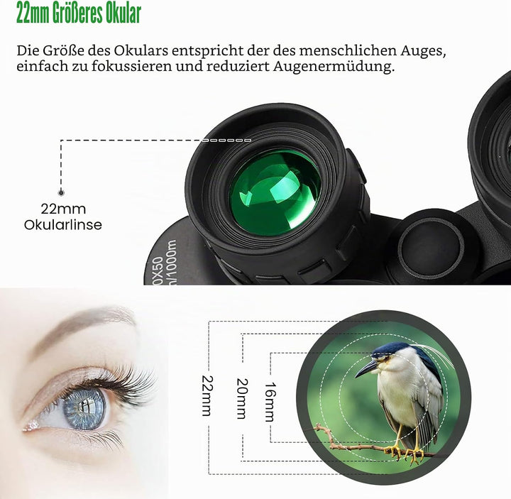20x50 Fernglas für Erwachsene, HD Wasserdichtes Fernglas mit BAK4 Prisma &amp; FMC Objektiv, Tragbares F