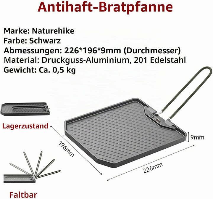Naturehike Antihaft-Bratpfanne, Faltbarer Griff, Outdoor-Grillpfanne, Aluminium-Steakpfanne, Tragbar