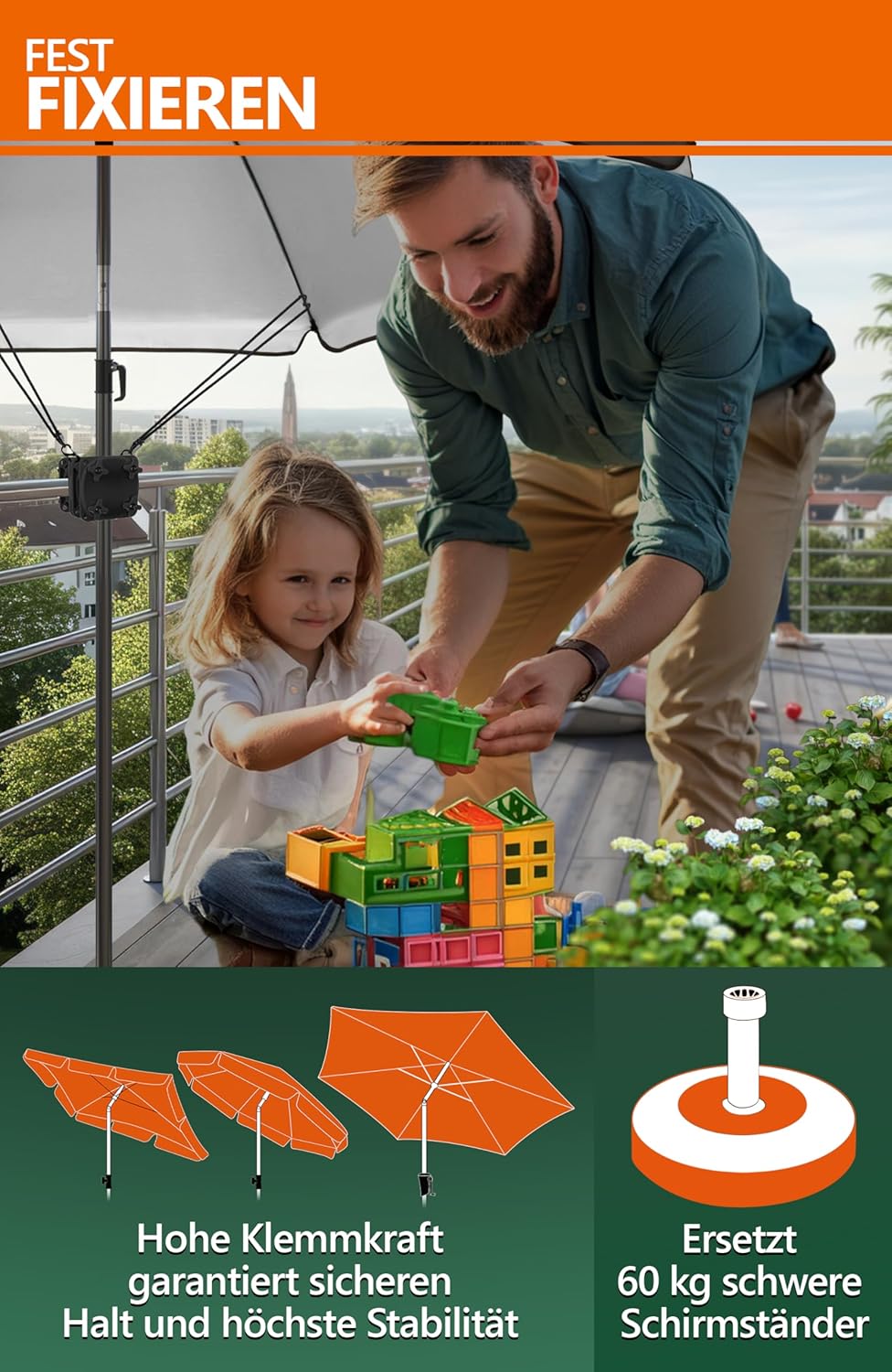 4smile Sonnenschirmhalter Balkongeländer SunnyGuy 2.0 in Schwarz + Windsicherung für Sonnenschirme -