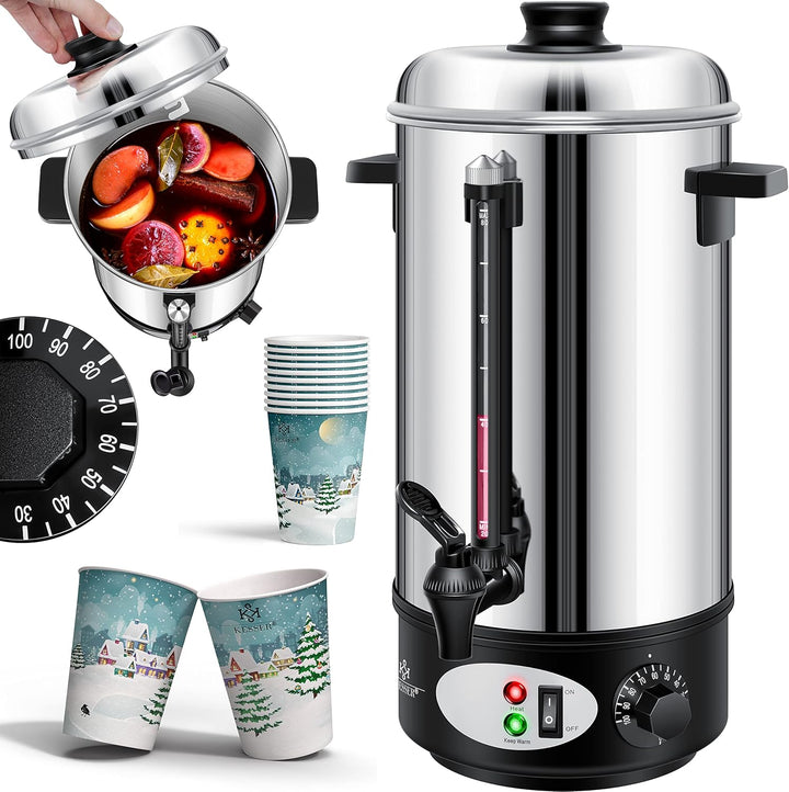 KESSER® Glühweinkessel 8L Edelstahl Inkl. 10x Becher Glühweinkocher mit Thermostat Glühweinautomat H